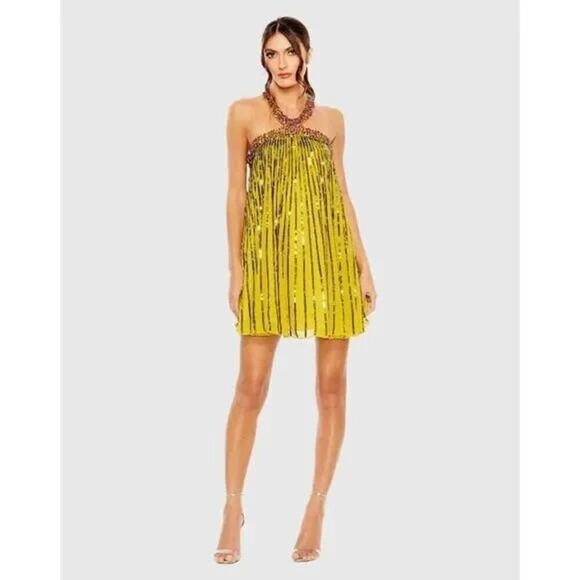 Mac Duggal High Neck Open Back Embellished Trapeze Dress Gold Size 4 NWT - Picture 1 of 10